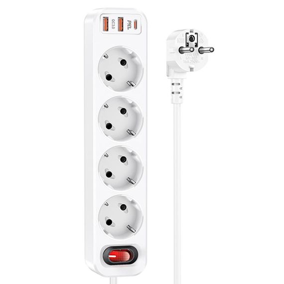 Удлинитель Hoco NS1 Aura PD20W (2USB/1Type-C/4xSocket) White