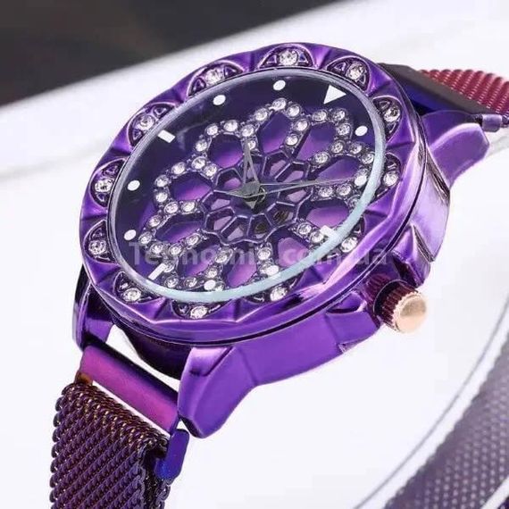 Женские часы с вращающимся циферблатом и каучуковым ремешком на магнитной застежке Flower Diamond Фиолетовые