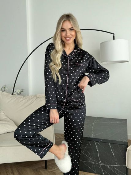 Чорна шовкова піжама з сердечками | Зображення 5