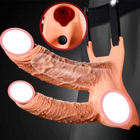 Двойной полый страпон с вибрацией Lovetoy Vibrating Unisex Hollow Strap On 10 режимов телесный