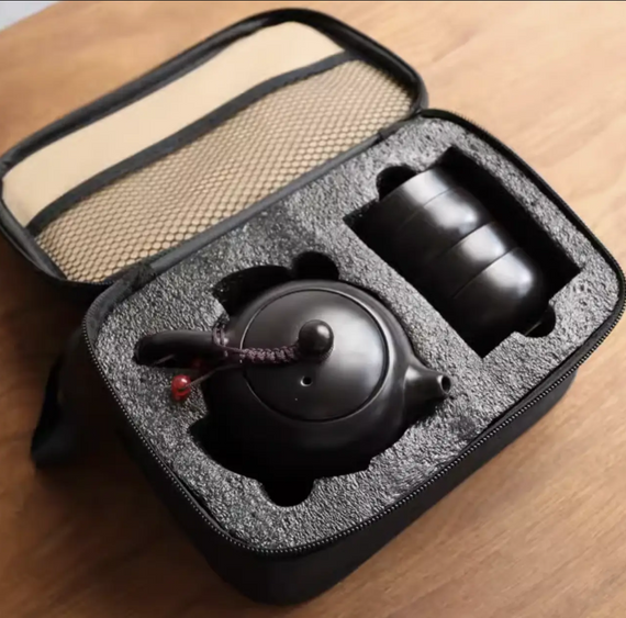 Чайний набір для чайної церемонії  дорожній -  чайник  та 4 кухлі  в сумці. Салатовий | Зображення 5