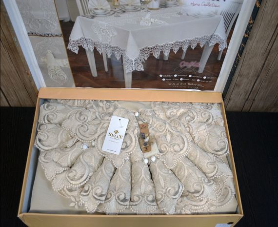 Лляна скатертина з ранером Selin Cagla Set 160×300+12 серветок Бежева | Зображення 1