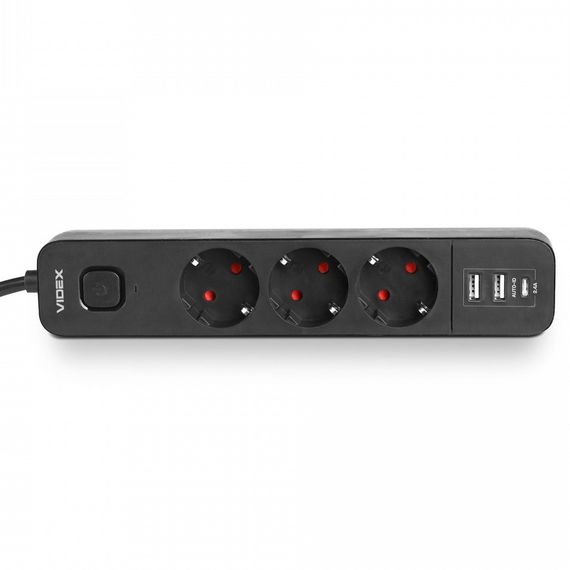 Мережевий подовжувач 3 м 3 гнізда з 2USB + USB-C заземленням і кнопкою VIDEX VF-PD33G2U1C-B | Зображення 2