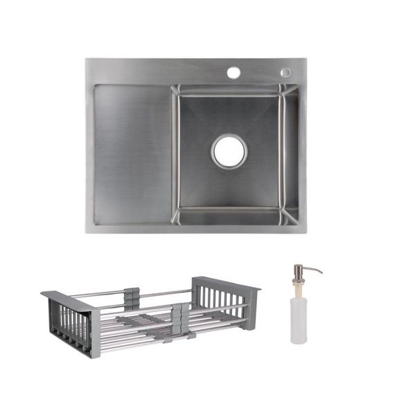 Комплект Lidz Handmade H6350L Мийка для кухні інтегрована крило зліва Brushed у комплекті з дозатором + Lidz K01G Кошик для