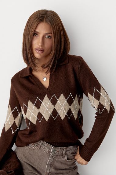 В'язаний светр-поло з ромбами - коричневий цвет, ONE SIZE (є розміри) | Зображення 4