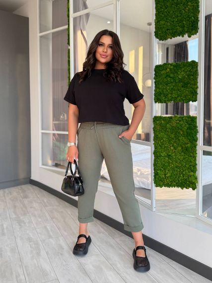 Женские льняные укороченные штаны с подворотом FZ905 цвет хаки размер 50/52 | Зображення 1