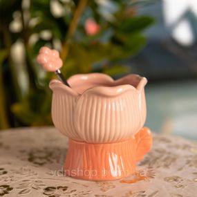 Креманка фарфоровая с ложкой в форме цветка 300 (мл) креманка для десертов, мороженого и желе Розовый FM-42P