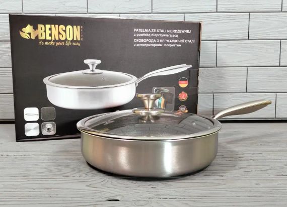 Глибока сковорода із нержавіючої сталі 28 см. Benson BN-588 | Зображення 5