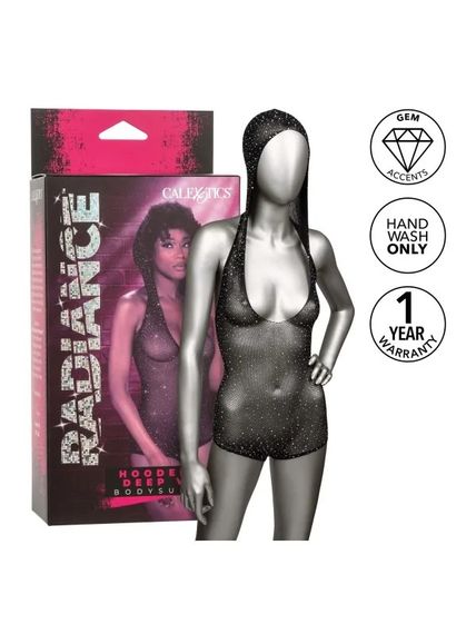 Боді-сітка в стразах із капюшоном CalExotic Hooded Deep V Bodysuit, чорний | Зображення 5