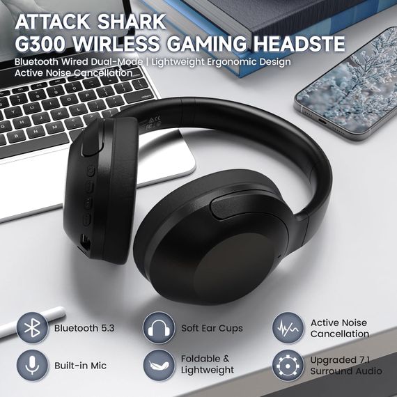 ATTACK SHARK G300 Легка бездротова ігрова гарнітура BT/2.4G/ 40 мм динаміки,Чорна | Зображення 4