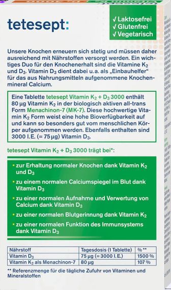 Вітаміни tetesept Vitamin K2 + D3 3000 для кісток і імунітету | Зображення 1