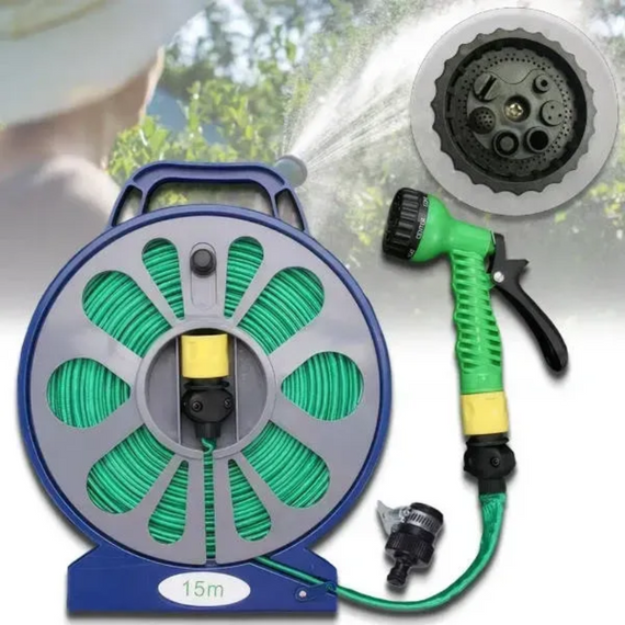 Гнучкий садовий шланг Garden Hose 10 м, для поливання саду та городу з насадкою розпилювачем поливальний набір на котушці | Зображення 7