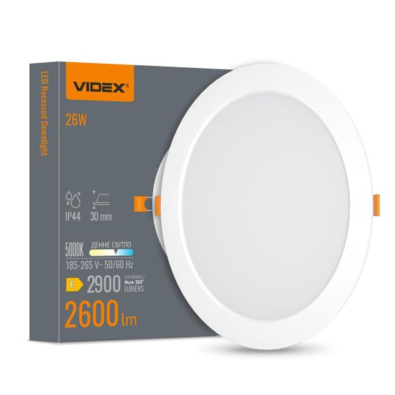 Світлодіодний світильник Back вбудований круглий VIDEX 26W 5000K