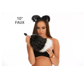 Анальний хутряний хвіст без пробки, Чорнобурий з білим кінчиком, OKOVA Sex Aura