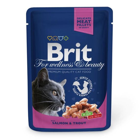 Корм Brit Premium Salmon and Trout вологий з лососем та фореллю в соусі для дорослих котів 100 гр