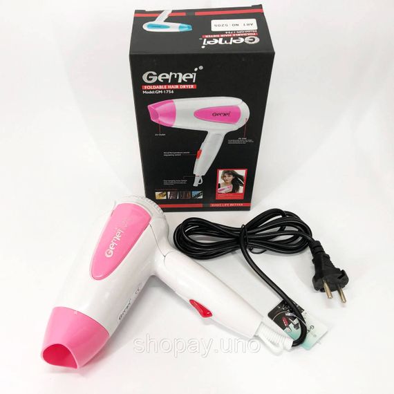 Фен для волосся складаний дорожній Gemei GM-1756 1200 Вт, Домашній фен для укладання. Колір: рожевий | Зображення 5