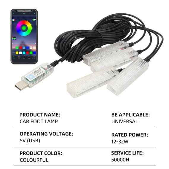 Автомобильная RGB подсветка салона с поддержкой приложения 4 шт USB | Зображення 3