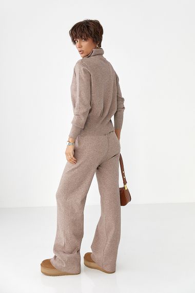 Трикотажний костюм із коротким кардиганом на блискавці та широкими штанами - кавовий цвет, ONE SIZE (є розміри) | Зображення 1