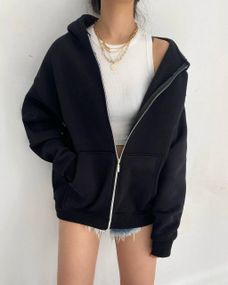Жіноче зип-худі оверсайз на блискавці тепле на флісі з капюшоном розмір 48/52 колір чорний  GF052