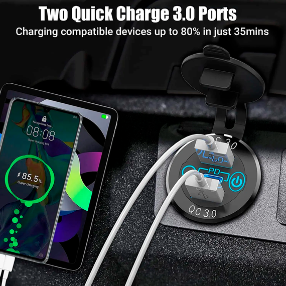Автомобільна швидка врізна зарядка 48 Вт, USB та Type C, кнопка, QC3.0, 12-24 В (DS2013-P13) | Зображення 5