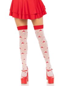 Панчохи Leg Avenue Polka Dot Mushroom Thigh Highs, One Size, біло-червоні, на резинці, малюнок — гриби sexstyle