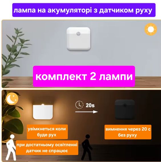 Акумуляторні лампи, з датчиком руху, 2 шт., на магніті
