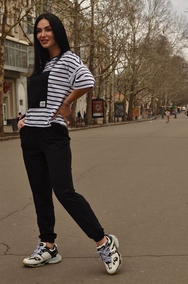 Женский летний споривный костюм штаны и футболка в полоску  GF1712 цвет черный размер 50/52 | Зображення 2