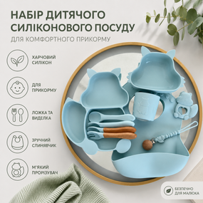 Набір дитячого силіконового посуду для прикорму з тарілкою, слинявчиком і приладами, блакитний