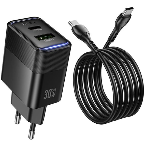 СЗУ Hoco CS112A Lounge PD30W+QC3.0 (1USB-A/1C) + кабель Type-C to Type-C Black | Зображення 2