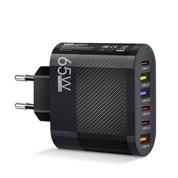 Сетевое зарядное устройство, блок питания 65 Вт, 3шт. USB + 3шт. Type-C, адаптер для зарядки, Черный