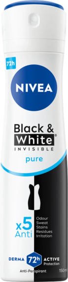 NIVEA Black & White Invisible Антиперспірант-спрей, 72 години, Pure 150 мл