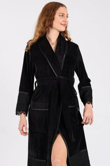 Жіночий халат Nusa 0535 велюровий з мереживом чорний L/XL | Зображення 5