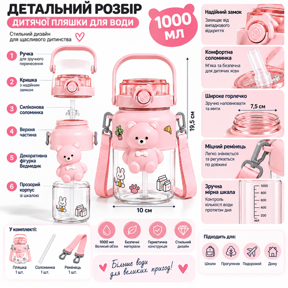 Детская бутылка для воды «Милый Медвежонок» 1000 мл розовая с ремешком, соломинкой и трубочкой | Зображення 2