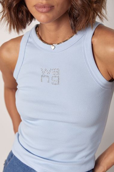 Женская майка в рубчик с надписью Wang из термостраз - голубой цвет, M (есть размеры) | Зображення 3
