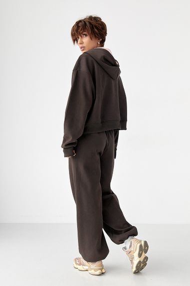 Теплий спортивний костюм з капюшоном із рожевим начосом - темно-коричневий цвет, M/L (є розміри) | Зображення 1