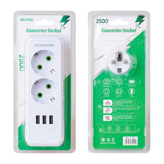 Розетка трійник із заземленням F102-White, 2 розетки+3USB(1А), 2500W, 10A | Зображення 2