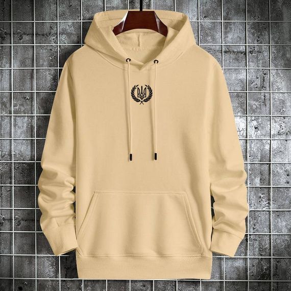 Мужской теплый худи на флисе с принтом Тризуб OC2233 цвет бежевый, размер S