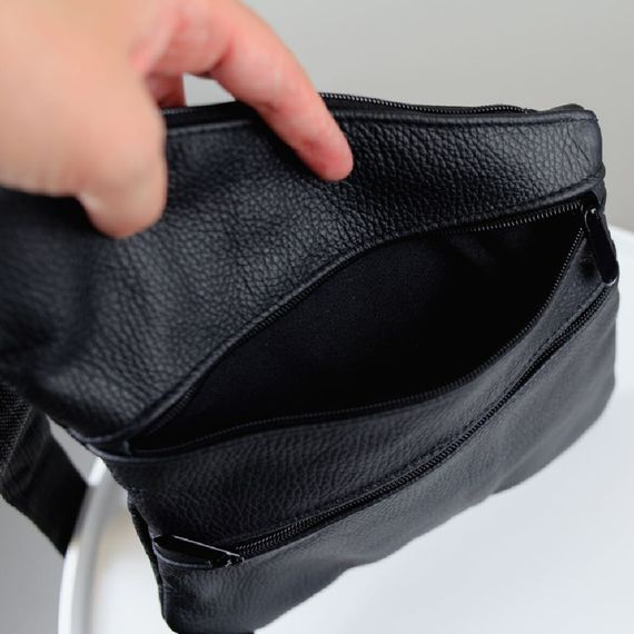 Сумка чоловіча на 3 кишенях, з натуральної шкіри, слінг нагрудний чорний, чоловіча сумка кроссбоді | Зображення 4