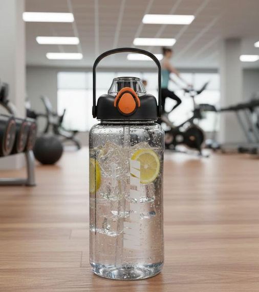 Пластиковая спортивная бутылка 2000 мл Keepon с герметичной крышкой и удобной ручкой широким горлом и соломинкой Черная | Зображення 1
