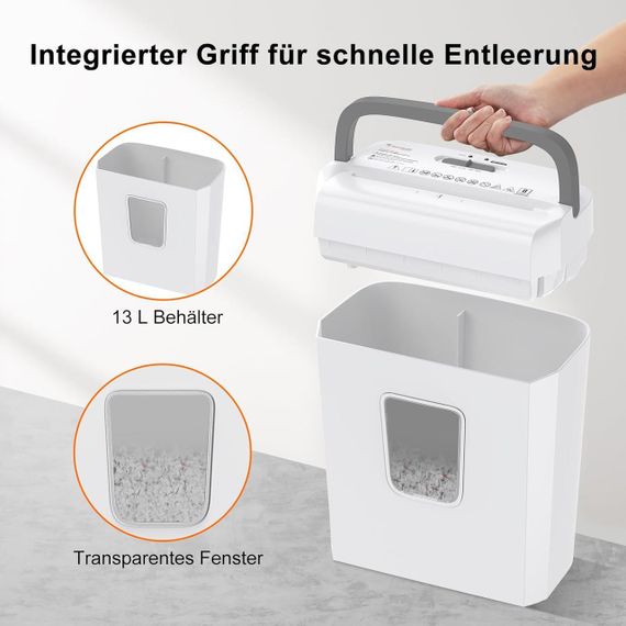 Шредер для паперу Bonsaii на 8 аркушів із рівнем безпеки P-4, перехресне різання 5×14 мм, скріпок, карток бак 13 л, білий | Зображення 4