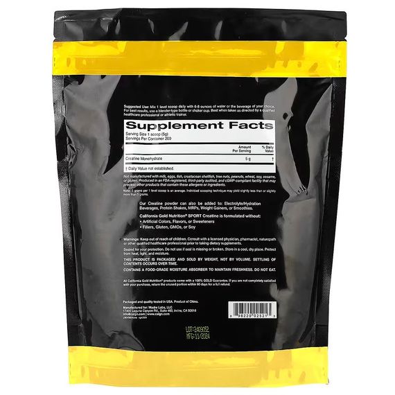 Креатин моногідрат California Gold Nutrition Creatine Monohydrate 1000g (Unflavored) | Зображення 1