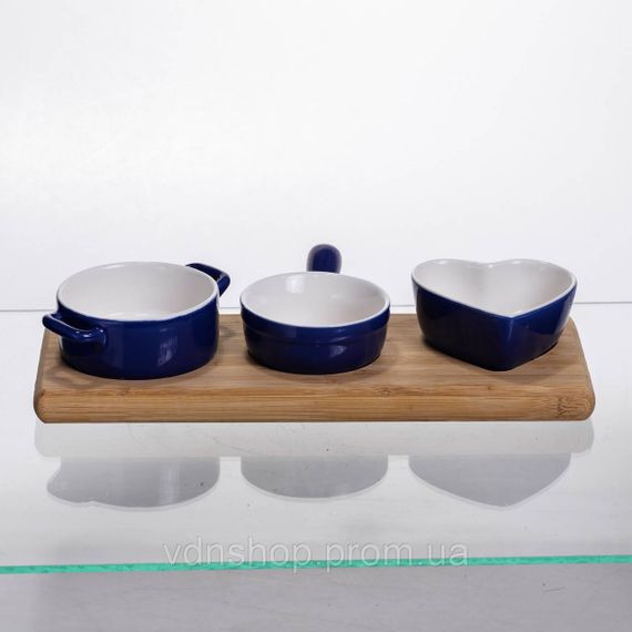 Набір менажниць порцелянових для закусок 3 (шт) по 50 (мл) менажниці на бамбуковій підставці Синій HZ001-B | Зображення 3