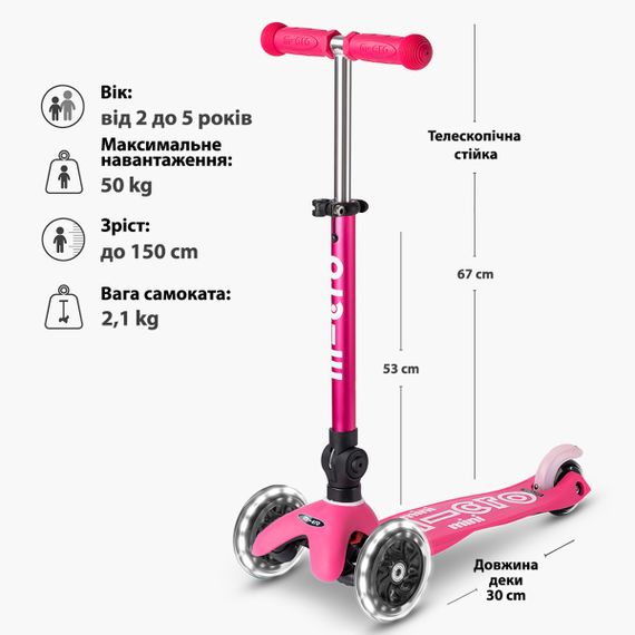 Складной самокат Розовая заря серия «Mini Deluxe Foldable LED» (3-х колесный, до 50 кг) | Зображення 6