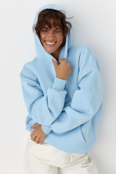 Утеплене худі з написом на спині - блакитний цвет, L (є розміри)