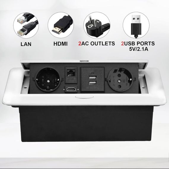 Розетка встроенная скрытая выдвижная 2 евророзетки 2 USB HDMI TD-сеть Врезная скрытого монтажа для стола белая | Зображення 1