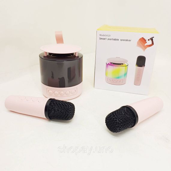 Портативная Bluetooth колонка K19 с подсветкой LED и двумя микрофонами для караоке Pink LI-49 | Зображення 3