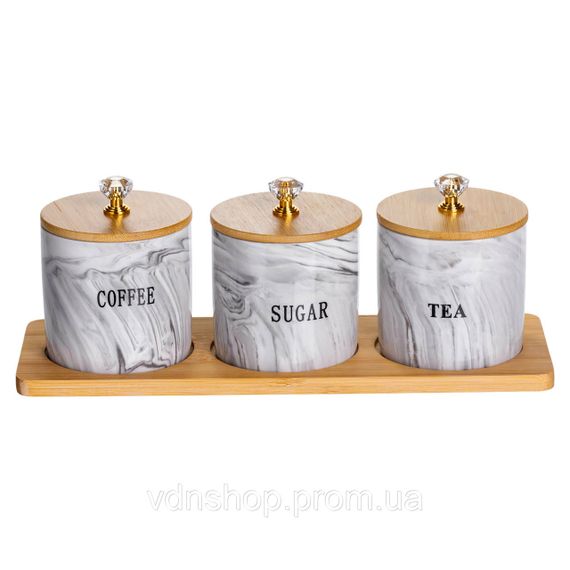 Набір порцелянових банок для сипучіх на підставці 3 шт. по 250 (мл) для чаю кави цукру Сірий SCT-664