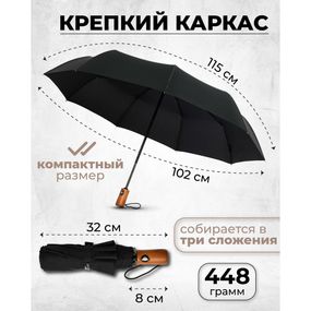 Зонтик премиум качества - Автоматический, мужской укреплённый зонт с HK-350 деревянной ручкой