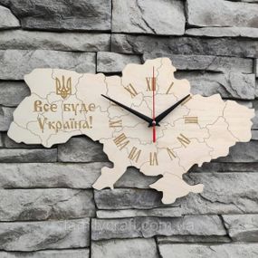 Настінний годинник Карта України, дерев'яний патріотичний годинник, безшумний декор з дерева, 42х25 см