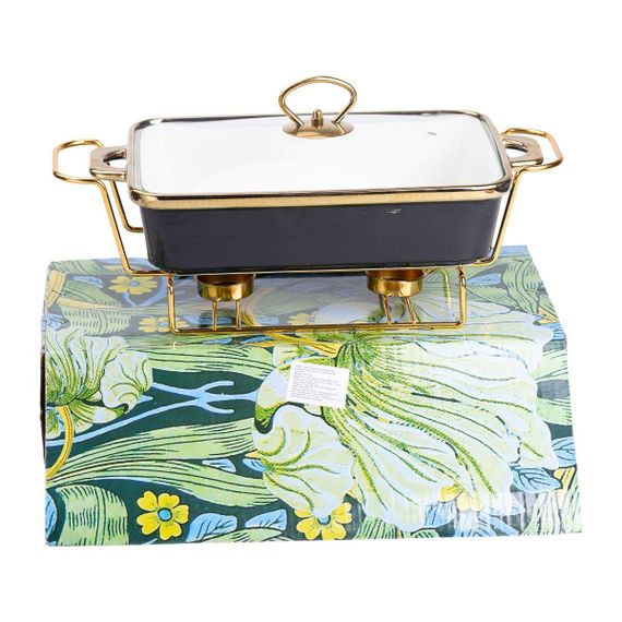 Марміт порцелянаовий зі скляною кришкою 35.5х19х15.5 см на металевій підставці 1,5 л Чорний HTJ-1002 | Зображення 5